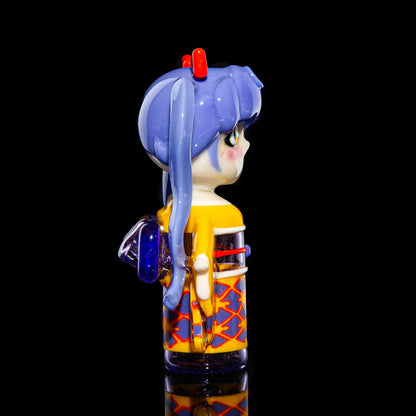 Handcrafted glass art pipe shaped like a kimono-clad anime character with blue hair