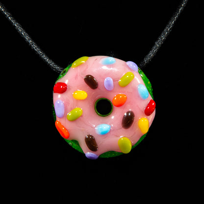KGB Glass - Strawberry, Rainbow Sprinkles & Jade Crushed Opal Donut Pendant