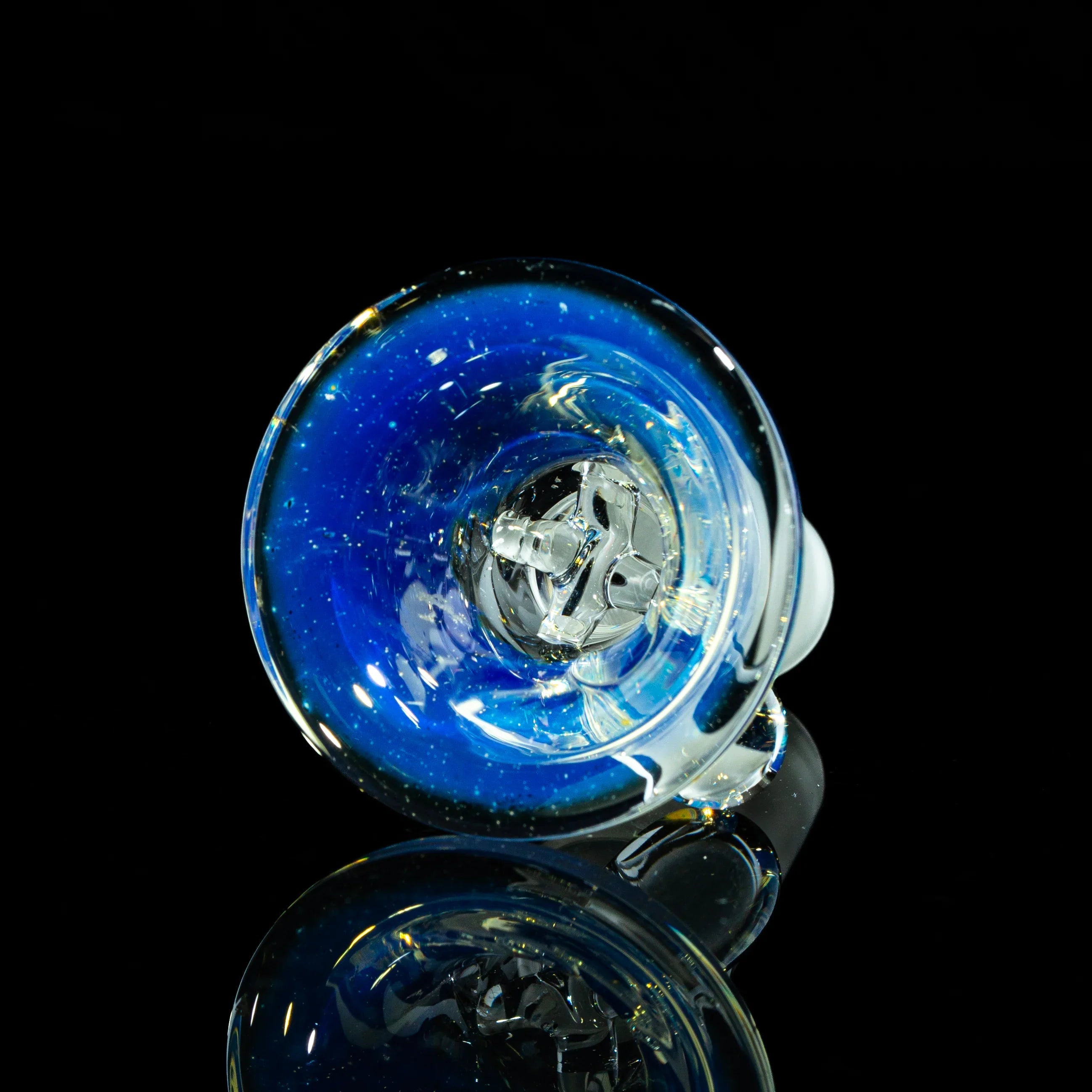 Blue and silver fumed glass bowl slide with four-hole design on black background