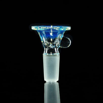 Silver fume glass 14mm four-hole slide bowl with handle on black background