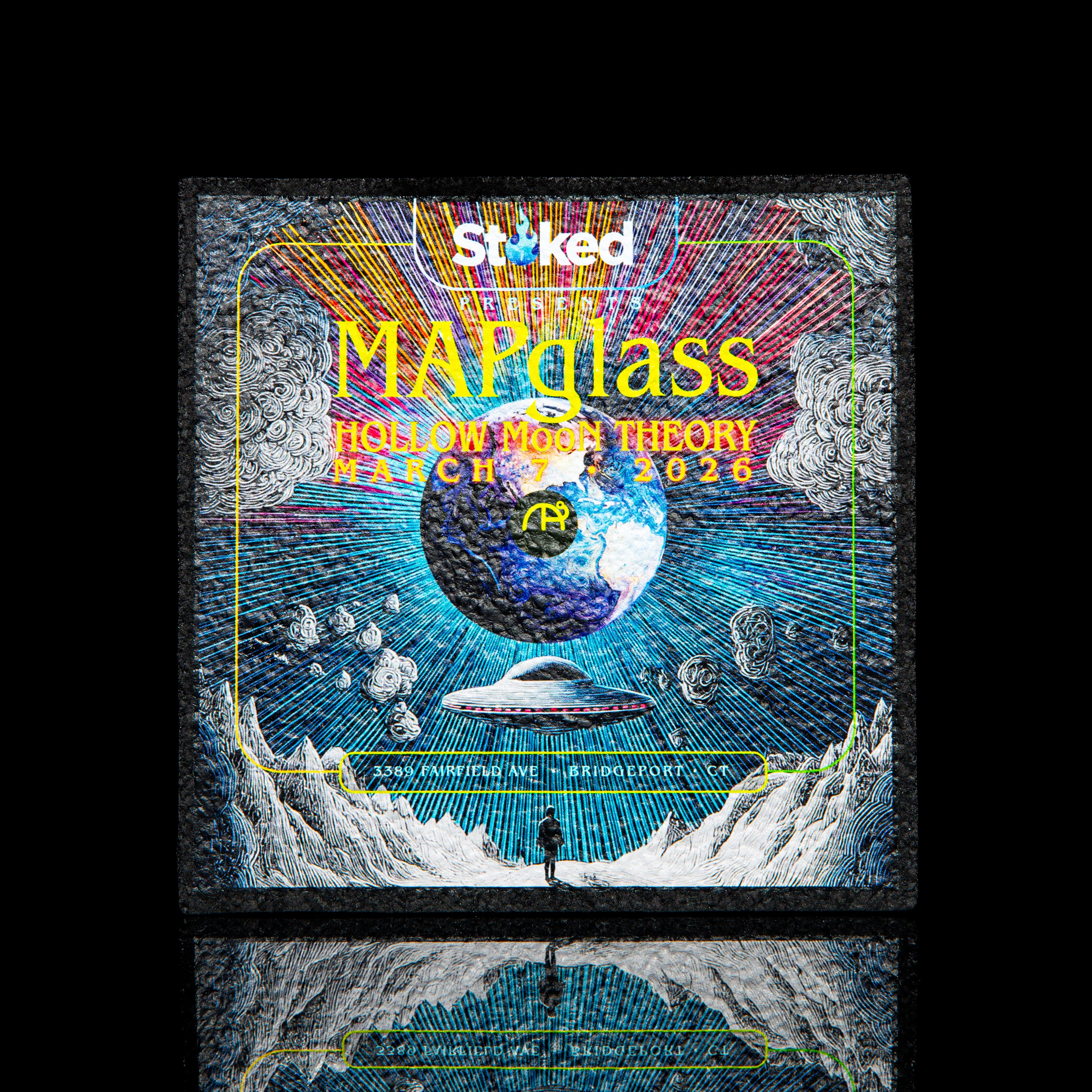Colorful MAPglass Hollow Moon Theory event mat with UFO, moon, and cosmic graphics