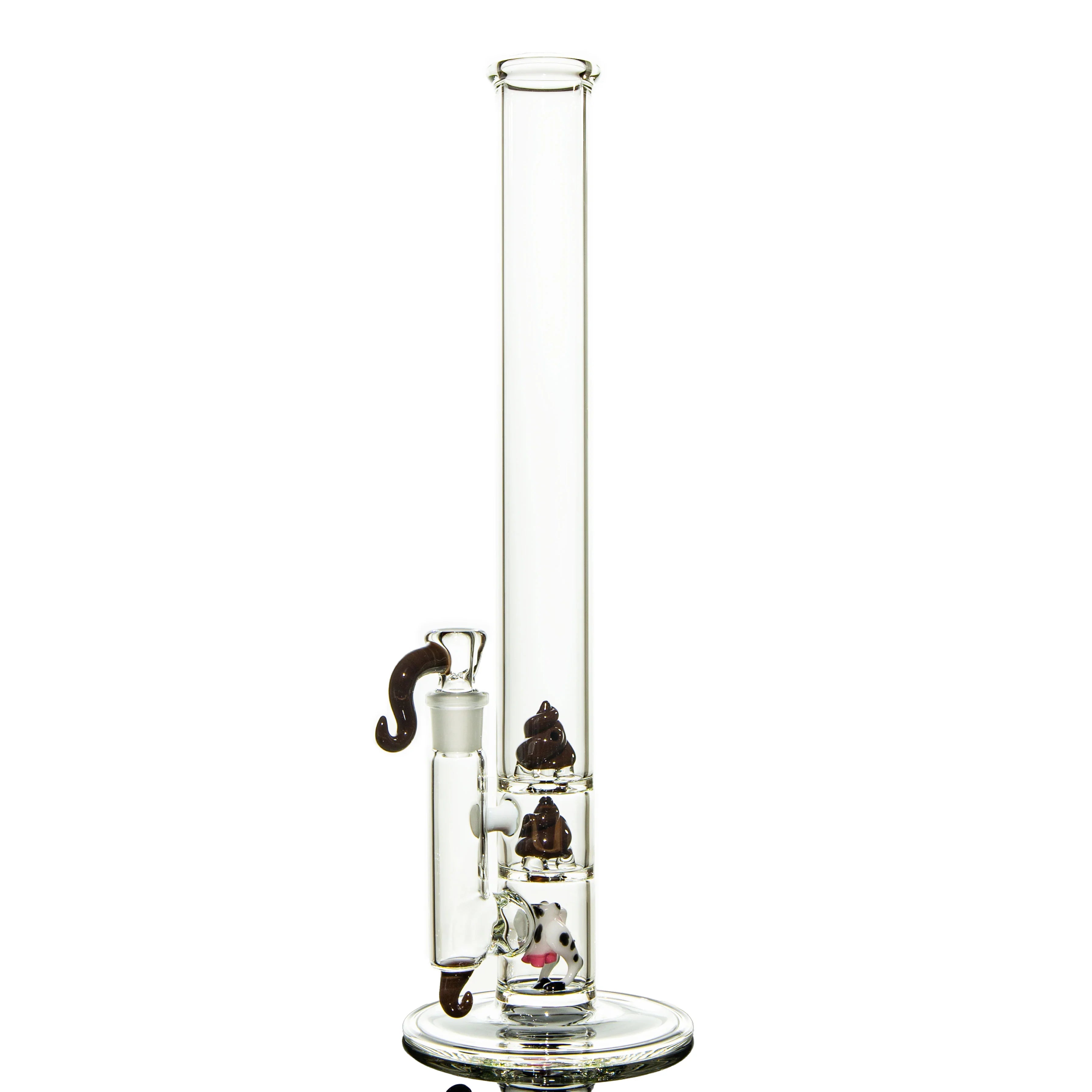 Clear glass water pipe with tall tube, brown accents, and cow-themed decorative percolators