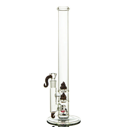 Clear glass water pipe with tall tube, brown accents, and cow-themed decorative percolators