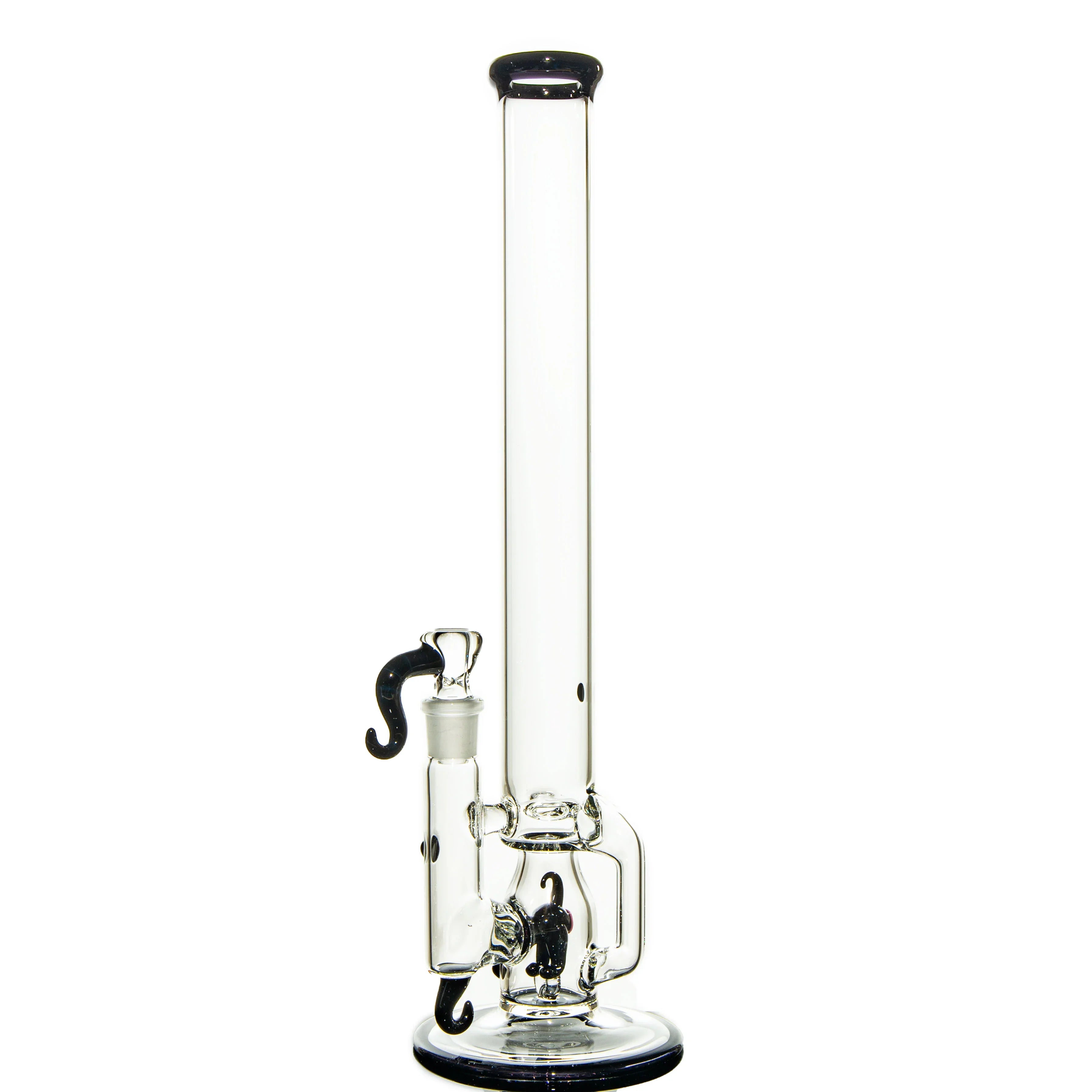 Clear glass water pipe with black accents and mustache-shaped hook mouthpiece.