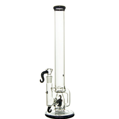 Clear glass water pipe with black accents and mustache-shaped hook mouthpiece.