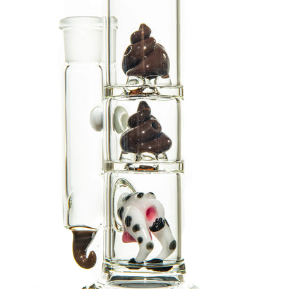 Glass water pipe with unique brown swirl and cow-themed percolator accents