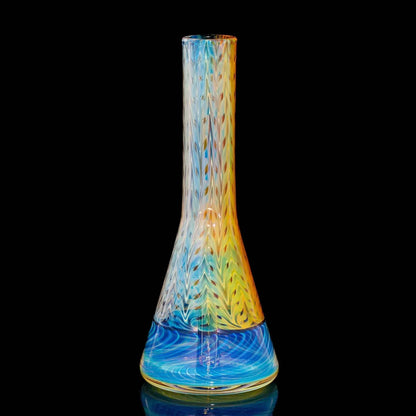 Colorful glass water pipe with blue spiral design and intricate patterns on black background