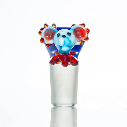 Colorful glass bowl piece with blue and red animal design for water pipe or bong