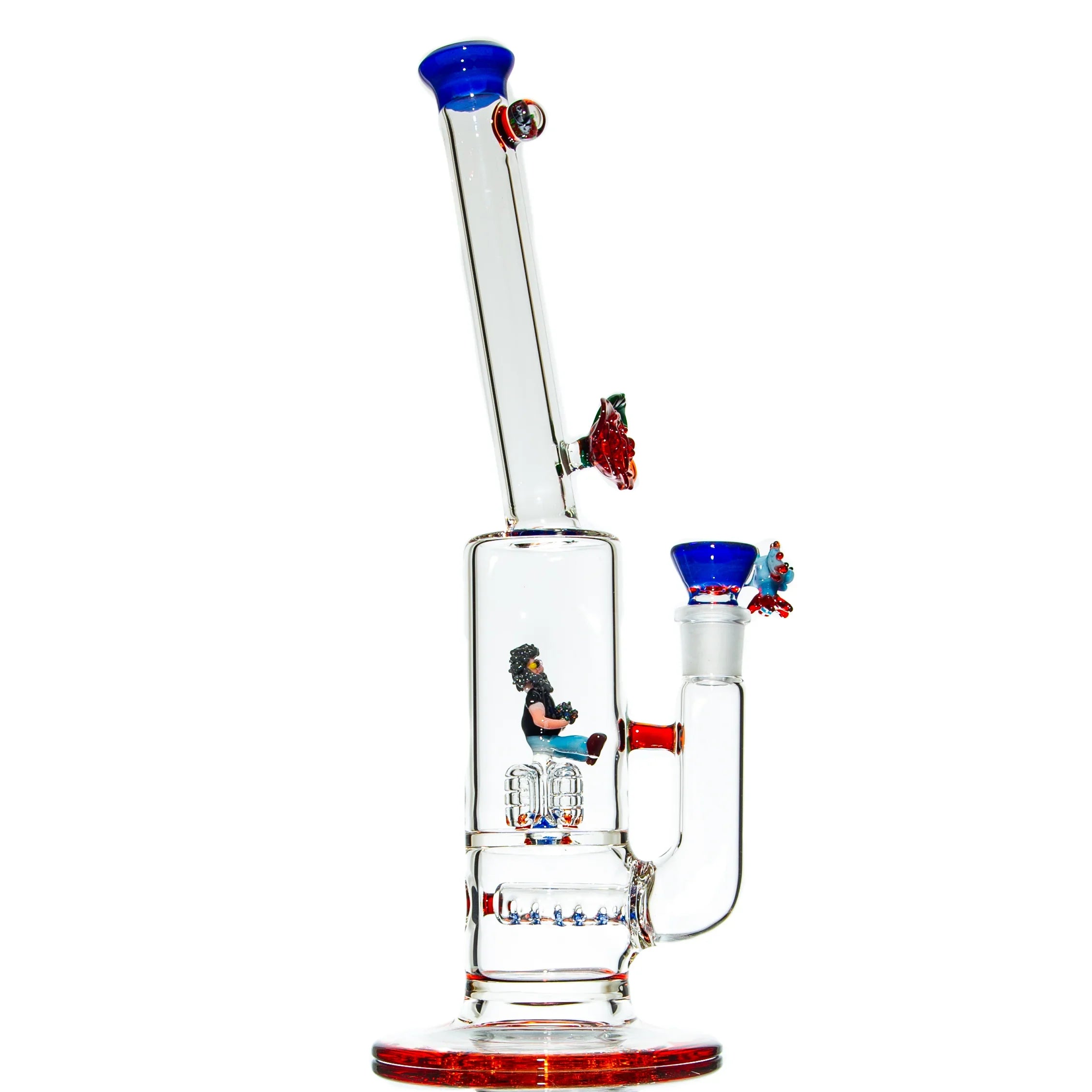 Heady glass water pipe with blue accents and intricate Mohawk figure inside, against white background.