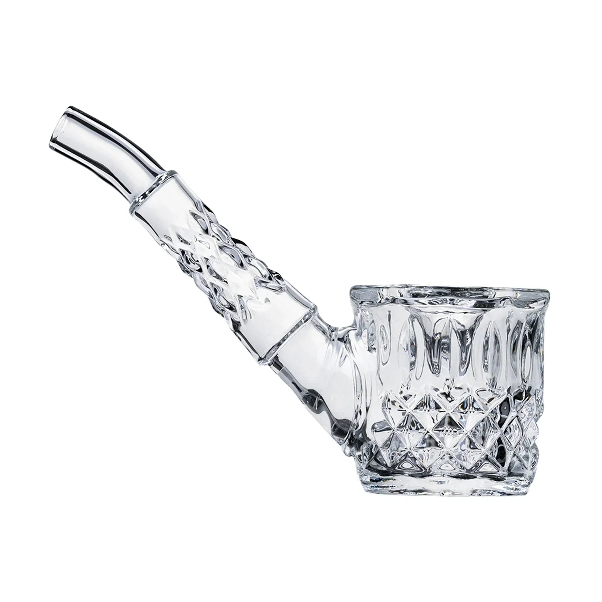 Clear glass smoking pipe on a white background