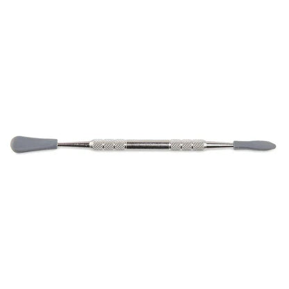 Non-stick stainless steel dabber tool with grey silicone tips on white background