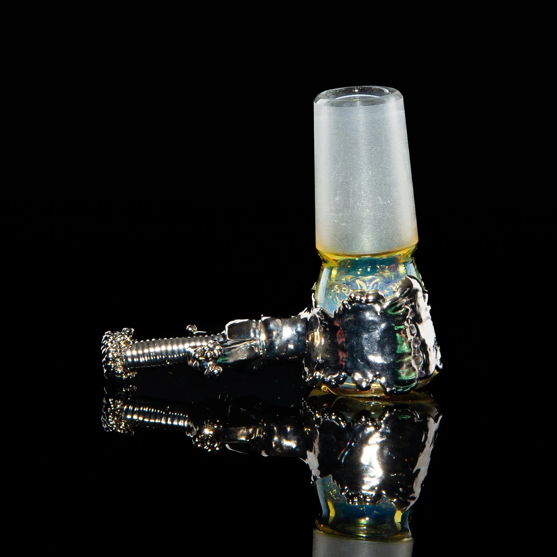 18mm fumed glass slide with metallic design and four-hole bowl on black background