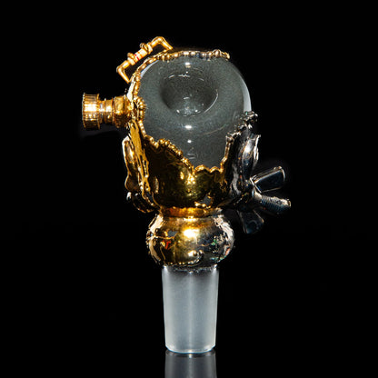 18mm glass slide with metallic gas mask design, gold and black details