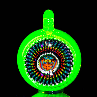 Neon green heady glass pendant with psychedelic rainbow pattern and detailed center design