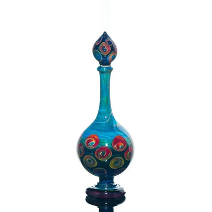 Hand-blown blue glass perfume jar with colorful swirl patterns and decorative stopper