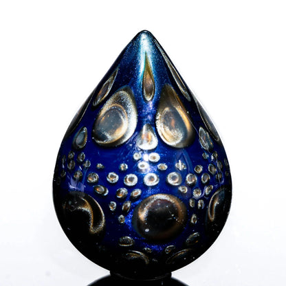 Blue glass dragon egg with gold and silver bubble details, collectible art glass