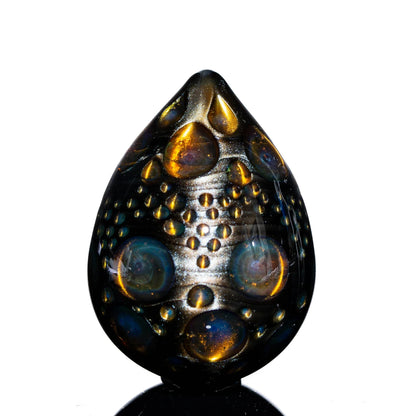 Hand-blown glass dragon egg sculpture with iridescent bronze and gold bubble accents