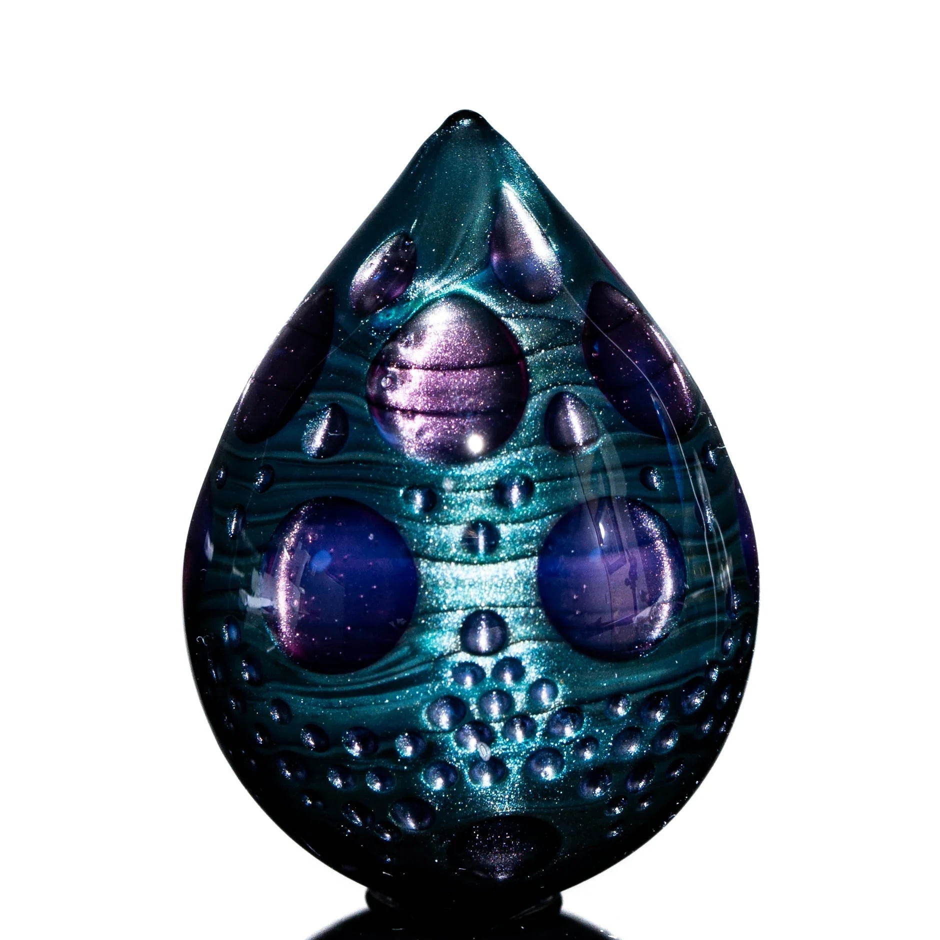 Hand-blown glass egg with purple and teal textured bubbles, art glass collectible
