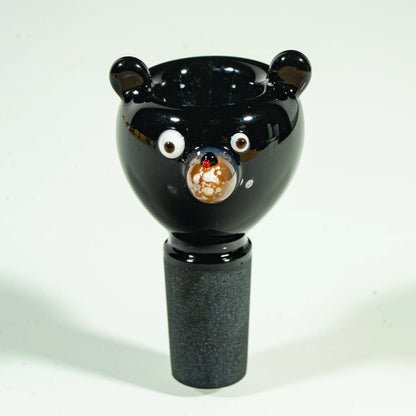 Handcrafted glass bowl slide shaped like a black bear head, 14mm male joint accessory.
