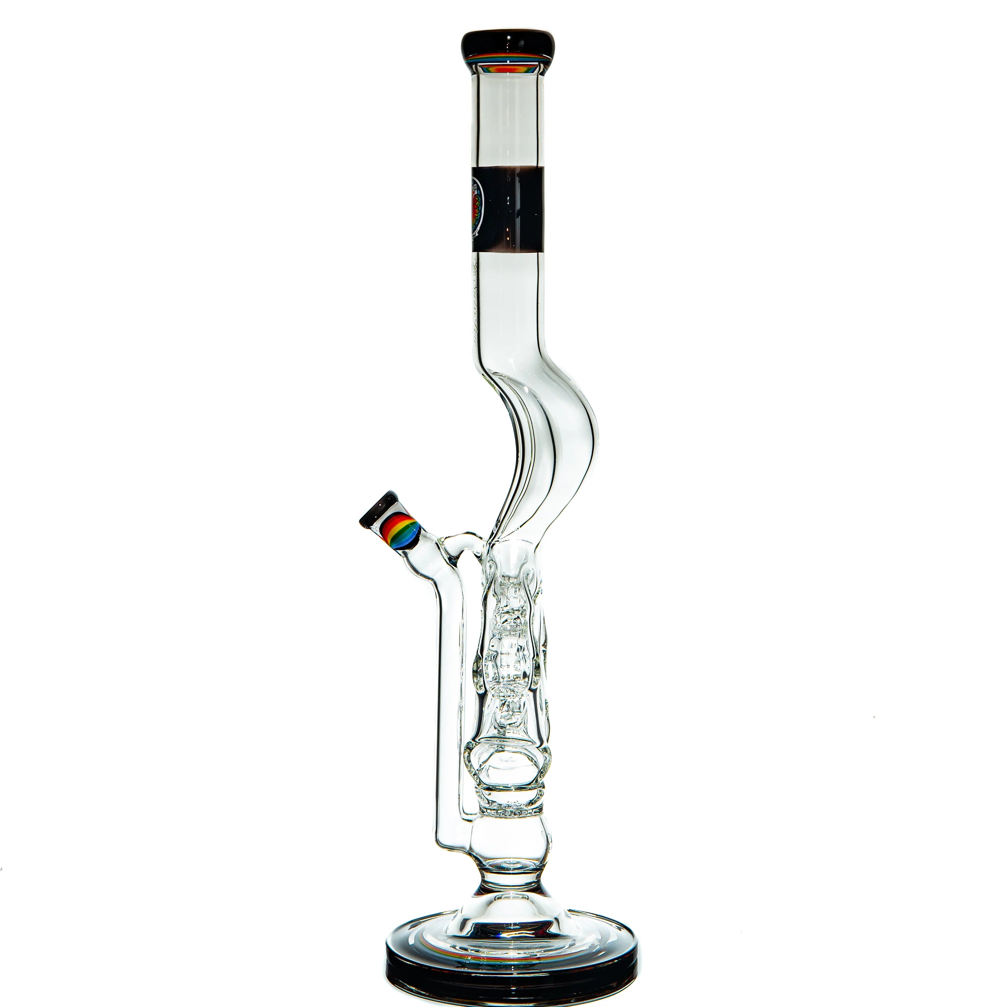 Clear glass water pipe with intricate percolator and rainbow-accented bowl on white background.