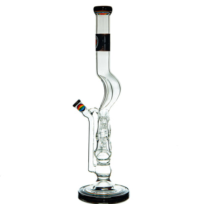 Clear glass water pipe with intricate percolator and rainbow-accented bowl on white background.