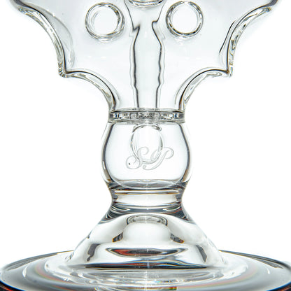 Clear glass water pipe base with decorative etching and intricate percolator design
