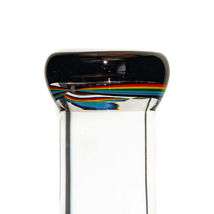 Close-up of a thick glass pipe neck with black rim and colorful rainbow swirl accents