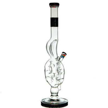 Clear glass water pipe with intricate percolator designs and colored glass accents