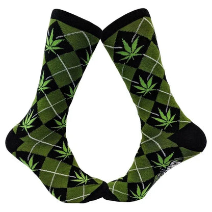 Green argyle socks with leaf pattern, black accents, novelty apparel accessory