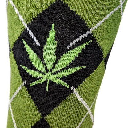 Green and black argyle sock with a cannabis leaf design