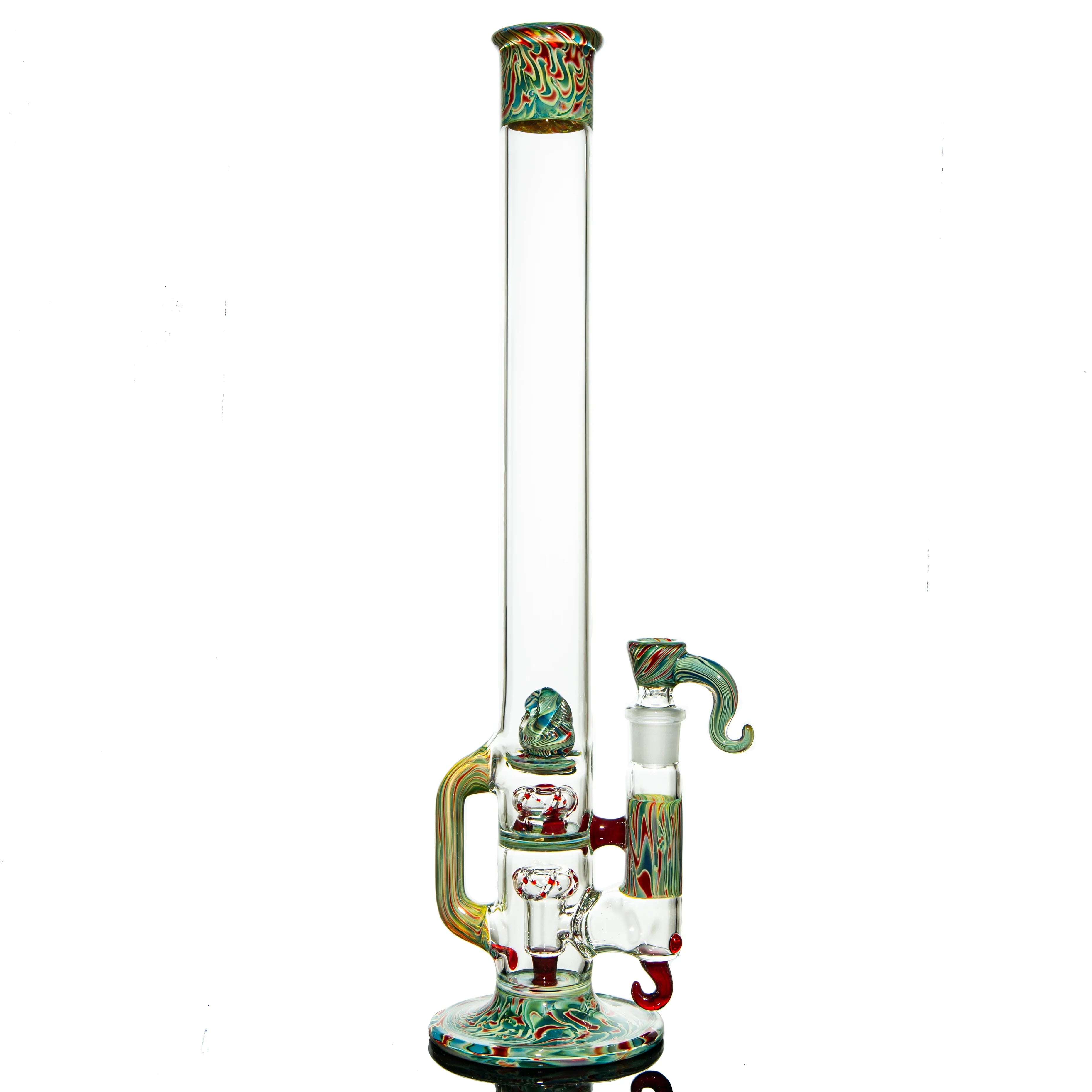 Heady glass bong with colorful swirled accents and intricate glasswork on a white background