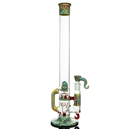 Heady glass bong with colorful swirled accents and intricate glasswork on a white background