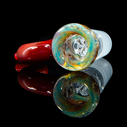 Colorful glass bowl accessory with multicolor swirl, red handle, and clear joint on black background