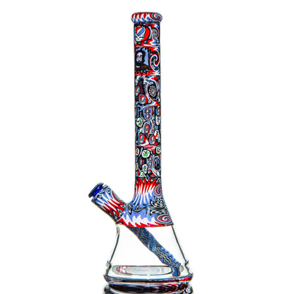 Colorful glass water pipe with intricate red, blue, and patterned artwork on white background