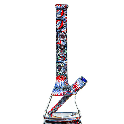 Colorful glass water pipe with psychedelic patterns and Grateful Dead art design on clear base.