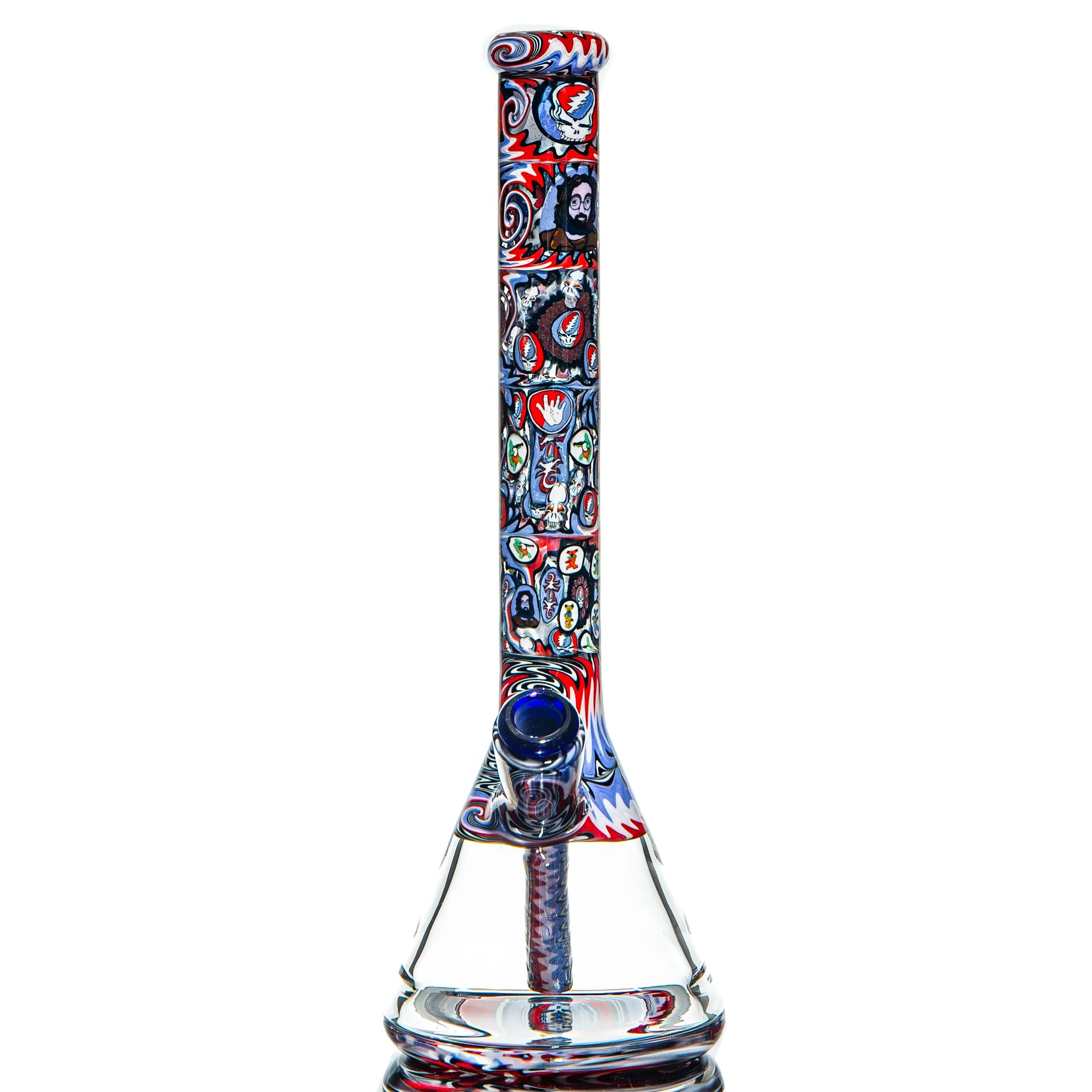 Colorful glass water pipe with intricate red, white, and blue psychedelic designs