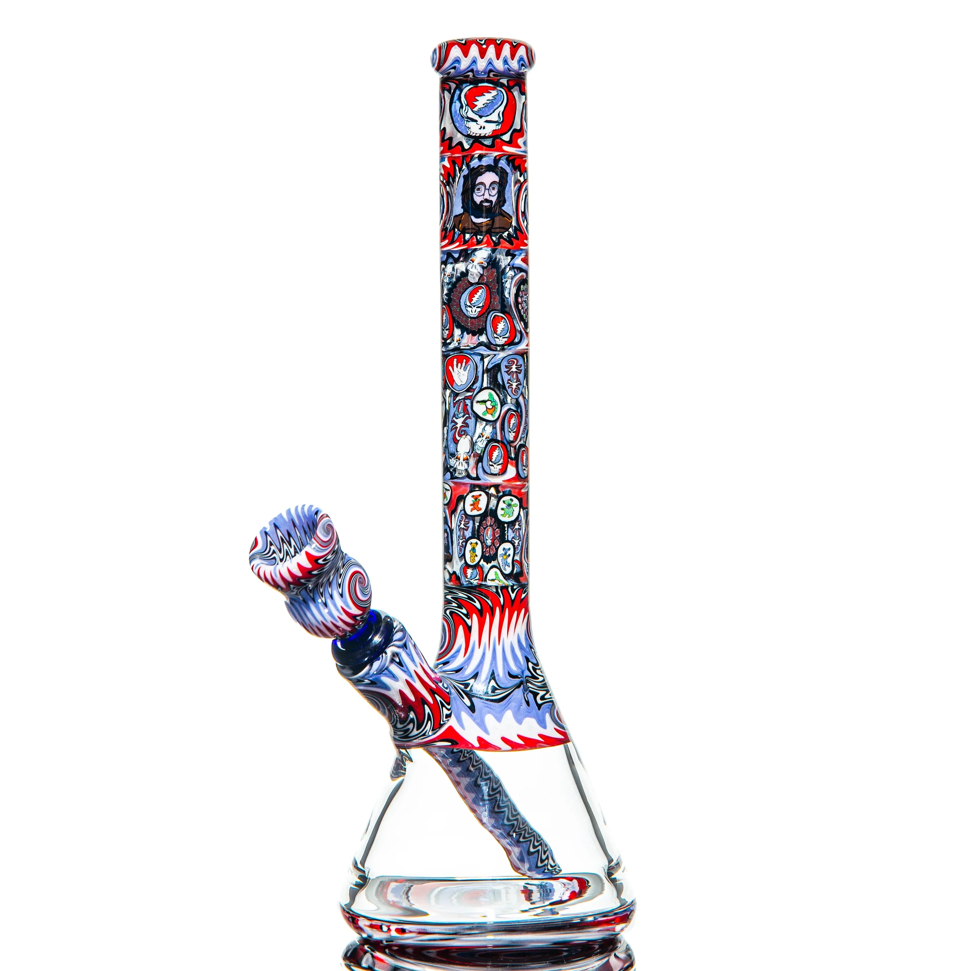 Colorful patterned glass water pipe with detailed Grateful Dead themed artwork
