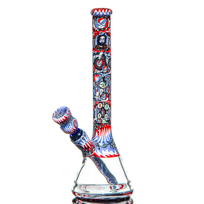 Colorful patterned glass water pipe with detailed Grateful Dead themed artwork