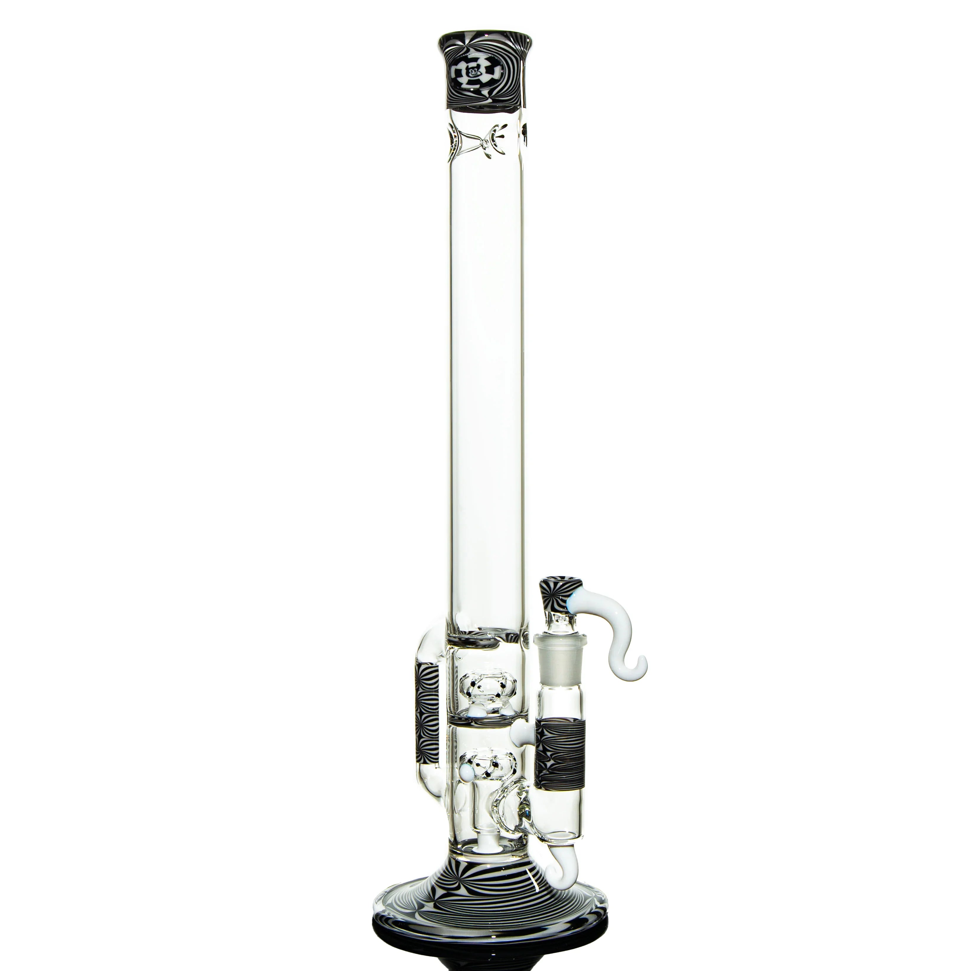 Clear glass bong with black and white swirl accents, straight tube design, modern art glass