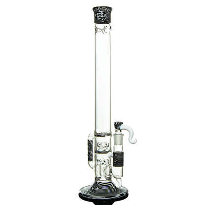 Clear glass bong with black and white swirl accents, straight tube design, modern art glass