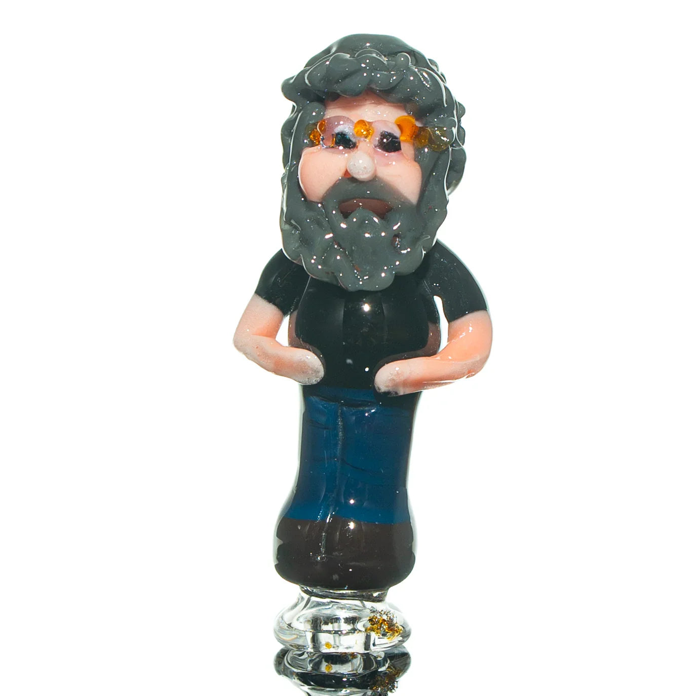 Hand-blown glass joint holder shaped like a bearded man, standing upright on a clear base.
