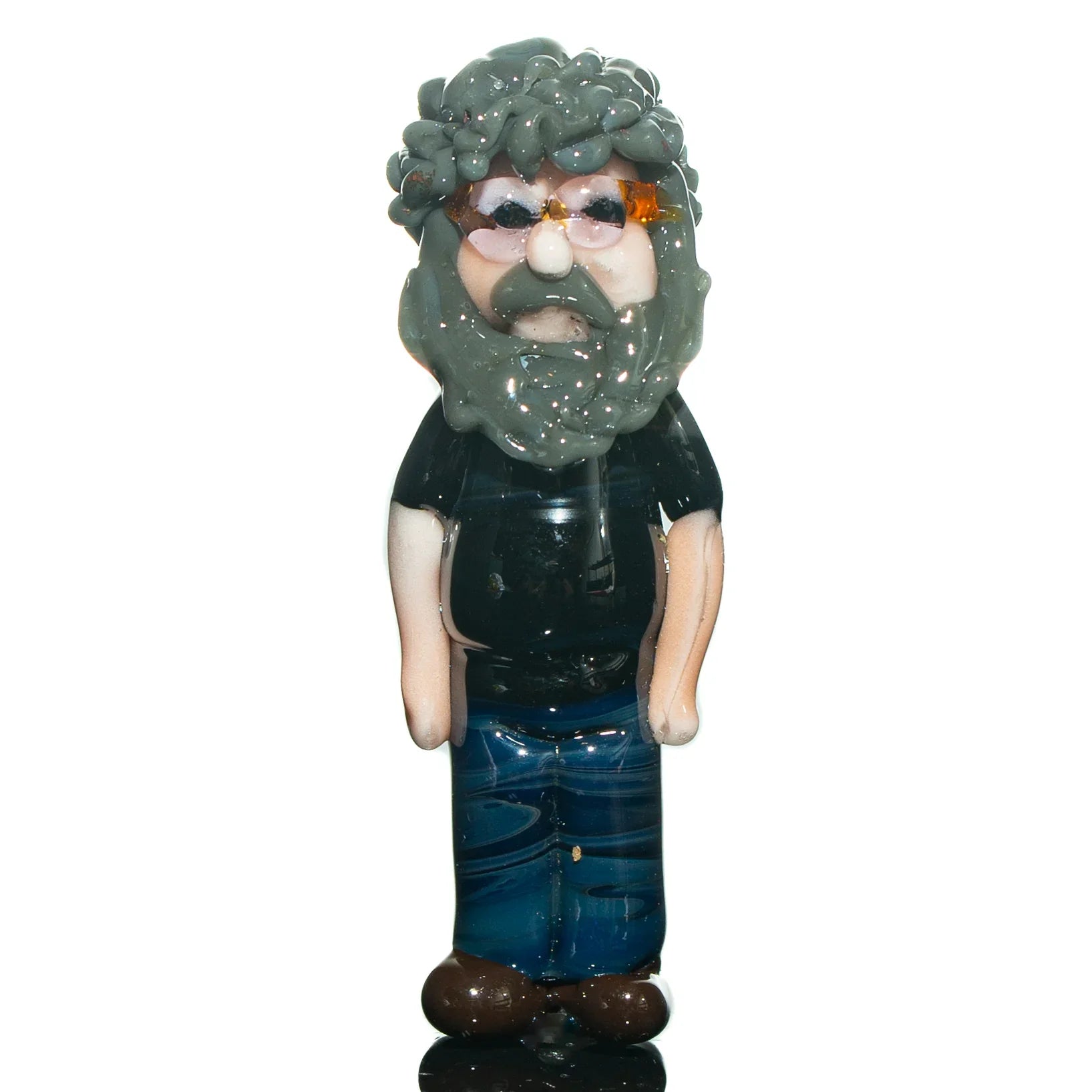 Handcrafted glass pendant shaped like a bearded man with curly hair and orange glasses