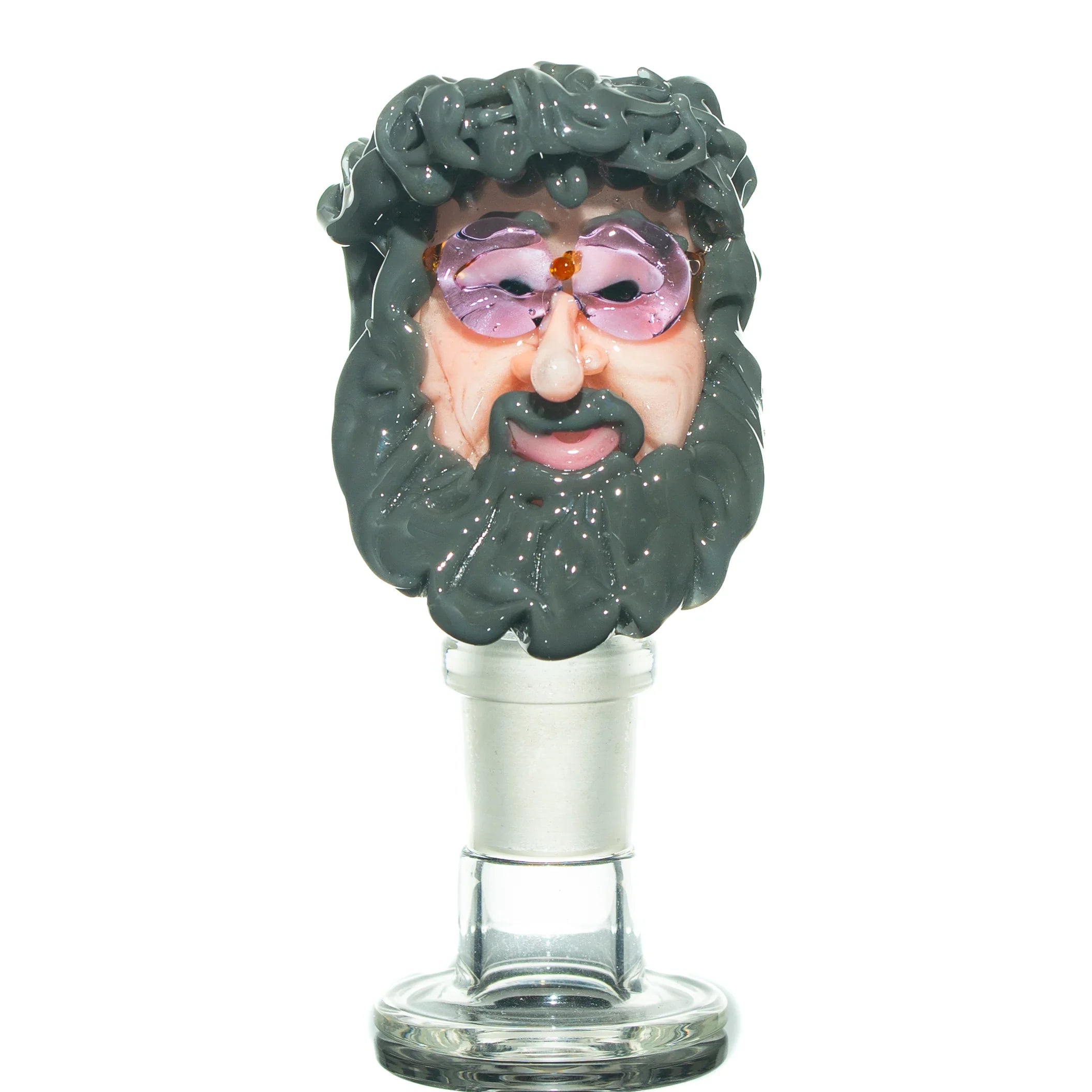 Handcrafted glass bowl piece shaped like a bearded man's head with purple glasses.