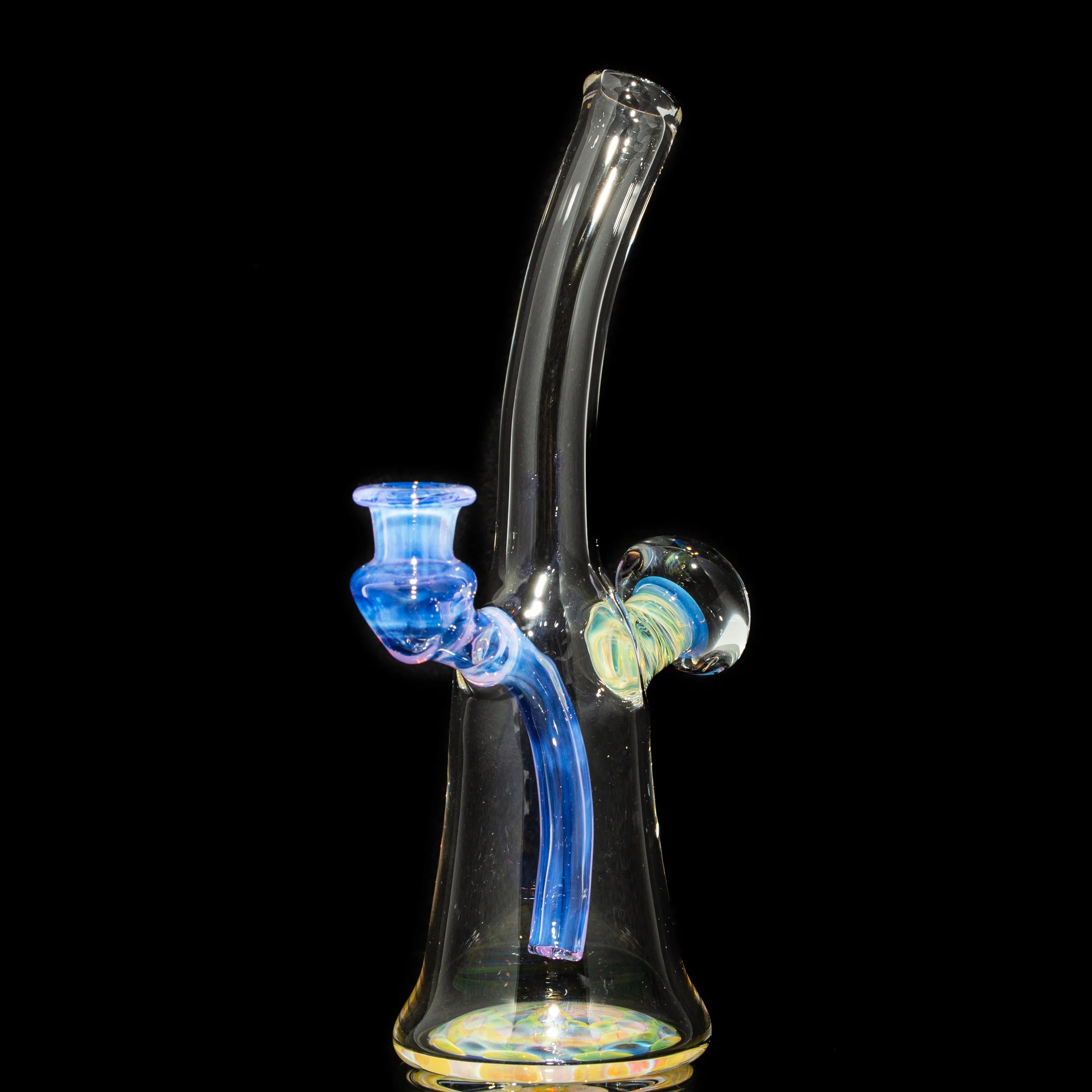Hand-blown glass water pipe with blue accents and intricate details on a black background.