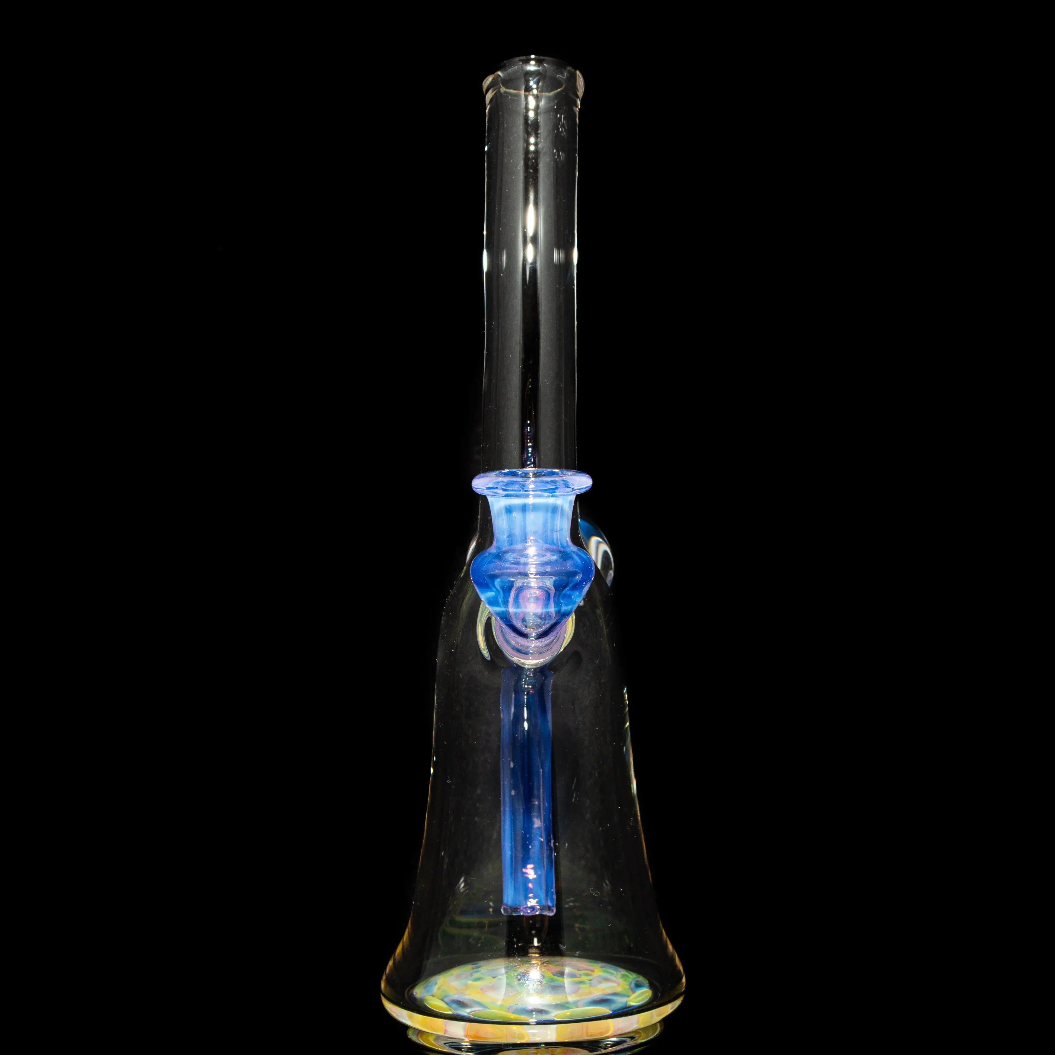 Clear glass water pipe with blue accent, detailed beaker base, on black background