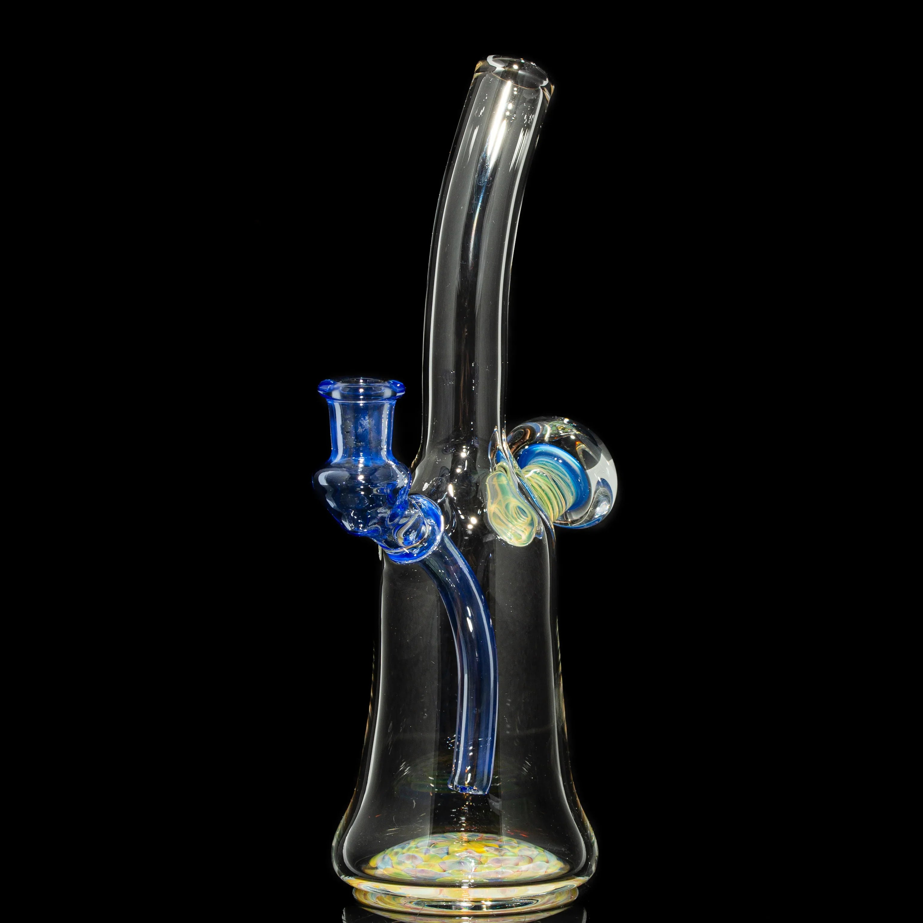 Handcrafted glass water pipe with blue accents and colorful swirls, on black background