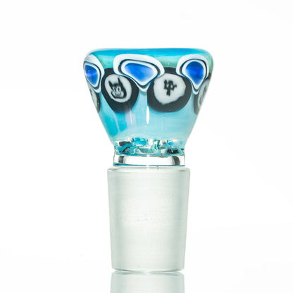 Blue and clear glass bowl piece with artistic patterns for water pipe or bong accessory