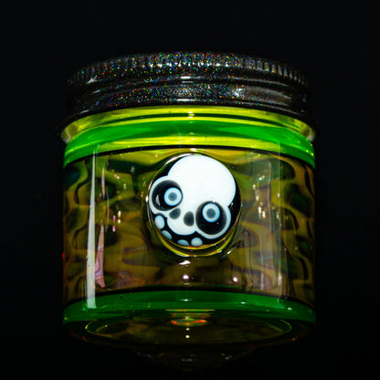Colorful glass jar with panda skull design, neon green accents, and black lid