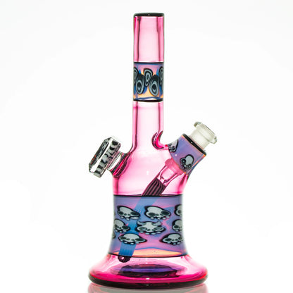Pink glass water pipe with skull decals, heady glass piece on white background