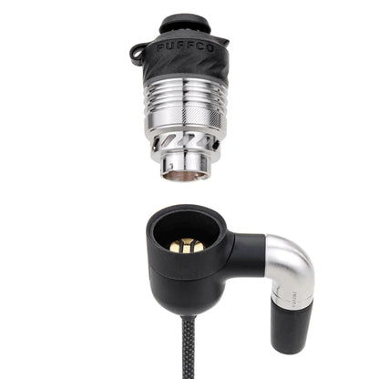 Puffco vaporizer accessory with metallic and black components on white background